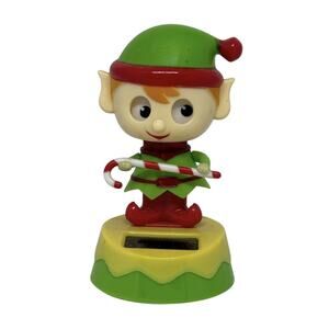 Dancing Christmas Elf Bobblehead Suncatcher Red White Candy Cane Solar-Powered